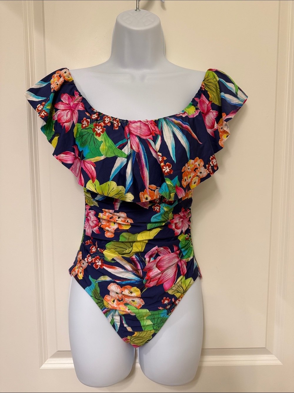La Blanca Navy Floral Ruffle One-Piece Swimsuit